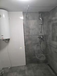 a bathroom with a shower with a glass door at DELFIN - Lawendowy Zakątek in Sianozety