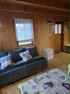 a living room with a couch and a window at DELFIN - Lawendowy Zakątek in Sianozety +12 photos