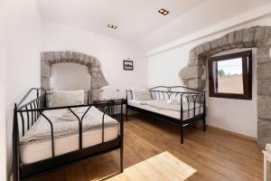a bedroom with two beds and a mirror at Villa Franka with heated pool in Milohnići +26 photos