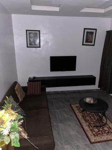 a living room with a couch and a flat screen tv at Urban Nest Lodge in Ikeja