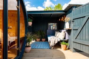 an outdoor patio with a blue shed with plants at Foxes Den in Hankerton