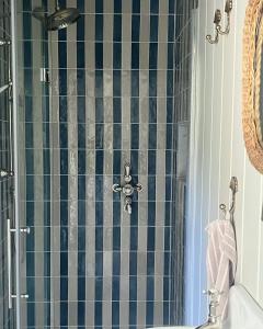 a bathroom with a shower with a sink at Stamping Cottage Studio Between St Ives & Penzance in Penzance