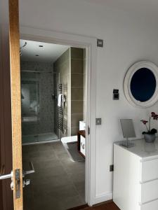 a bathroom with a walk in shower and a glass door at Malachite in South Cerney