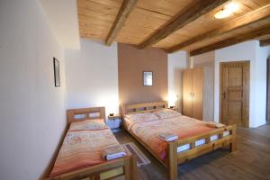 two beds in a room with wooden ceilings at Pension U Řehoutů in Horní Planá +40 photos