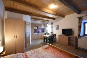 a room with a kitchen and a dining room at Pension U Řehoutů in Horní Planá
