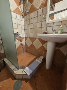 a bathroom with a shower and a sink at Amfitrion Apartments in Gythio +87 photos