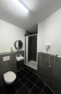 a bathroom with a shower and a toilet and a sink at Ferienwohnung Fatlume 2 in Bad Honnef am Rhein +45 photos