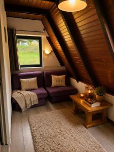 a living room with a purple couch and a table at Chalet in Le Tholy +31 photos