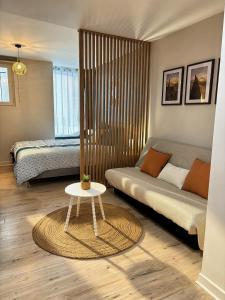 a living room with a couch and a table at Appartement Grenouillit, hyper centre du Puy in Le Puy-en-Velay +3 photos