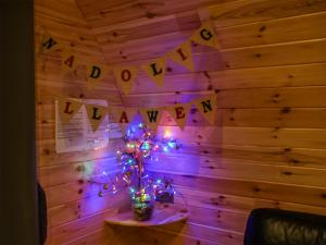 a room with a wall with a christmas tree with lights at Barcud Coch - Uk44539 in Hirnant