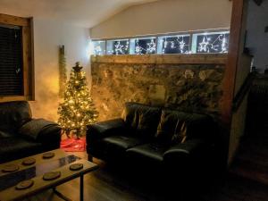 a living room with a christmas tree and a couch at Llety'r Saer in Hirnant +20 photos