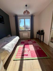 a bedroom with a bed and a rug on the floor at Appartement proche Eurexpo Aéroport Genas Centre in Genas
