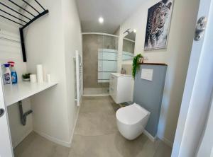 a bathroom with a white toilet and a shower at Appartement proche Eurexpo Aéroport Genas Centre in Genas