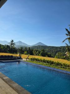a swimming pool with mountains in the background at Bukit Luwih House in Munduk