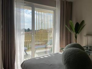a bedroom with a window with a view of a balcony at Sunday Apartamenty SPA Miraż in Ustronie Morskie +57 photos