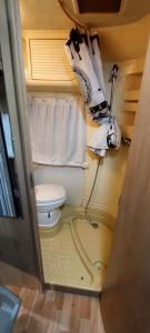 a small bathroom with a toilet and a shower at Camper Rental Elbasan in Elbasan