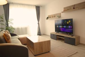 a living room with a large flat screen tv at LZR Apartments in Braşov