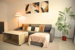 a living room with a couch and a coffee table at LZR Apartments in Braşov