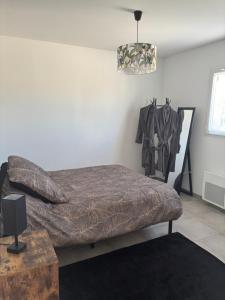 a bedroom with a bed and a pendant light at la pause detente, villa climatisée avec jardin et parking privés, à 5 mn de la mer, au calme in Martigues