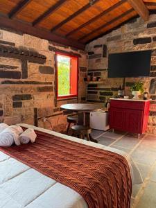 a bedroom with a bed and a table with a television at Chalé Carrara, um Refúgio de Pedra na Mata - Chalés Flor dos Manacás in Santa Teresa