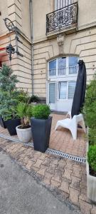 a group ofotted plants sitting in front of a garage at Appt vue parc, avec terrasse in Châtel-Guyon