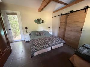 a bedroom with a bed and a large wooden door at Les Terrasses d'Héric in Mons