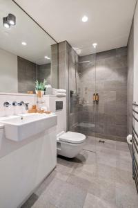 a bathroom with a toilet and a sink and a shower at Wren Urban Nest in Dublin +38 photos
