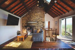 a living room with a couch and a fireplace at Plasbach Cottage in Llandeilo