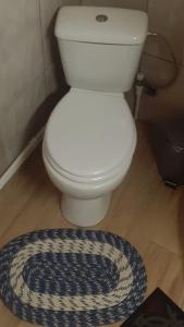a white toilet in a bathroom with a rug at Welcoming home on the corner in Slănic