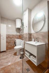 a bathroom with a toilet and a sink and a mirror at Aurea Tivat Apartment in Tivat