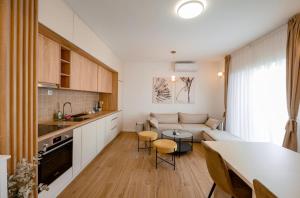 a kitchen and living room with a couch and a table at Aurea Tivat Apartment in Tivat +5 photos