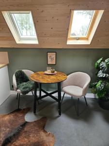 a table and two chairs in a room with skylights at B&B De Emmer in Noord-Sleen
