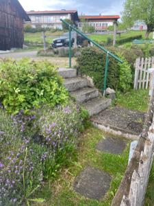 a set of stairs in a garden with flowers at Gästehaus zum Stricker, Eckweg 9 in Bad Bayersoien
