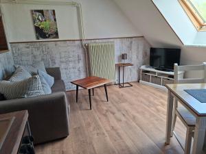 a living room with a couch and a tv at Hof Düshop in Bad Fallingbostel