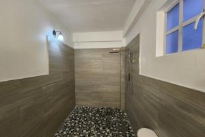a bathroom with a shower with a toilet and a window at Emerald Bleu Villa in Gros Islet +38 photos