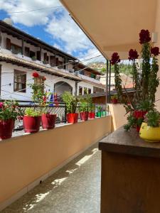 a balcony with potted plants on a building at Unejs Apartment in Berat