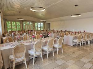 a large room with a long table with chairs at Hotel Garni BURG WALDENSTEIN in Rudersberg