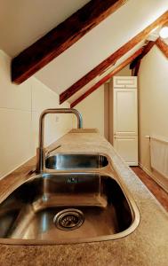 a stainless steel sink in a kitchen in an attic at Karakul Shepherd House in Tinglev
