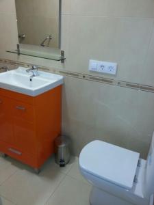 a bathroom with a sink and a toilet and a mirror at Ca la Nuri Pis 3 in Llança +13 photos
