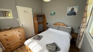 a small bedroom with a bed and a wooden dresser at Chalet 3 Wipeout in Hayle
