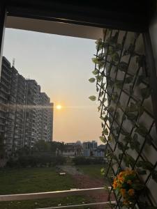 a window with a view of a city with a plant at Oakèra in Agra