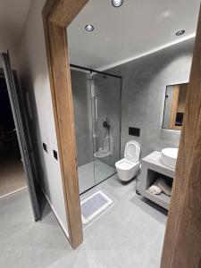 a bathroom with a shower and a toilet and a sink at Tondoris Apartments in Sidari +109 photos