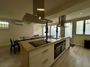 a large kitchen with a sink and a stove at L'Apparth, maison partagée 7 chambres in Parthenay +27 photos