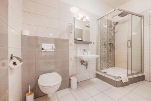 a bathroom with a toilet and a shower and a sink at Penzion Vila Machů in Kopřivnice +57 photos