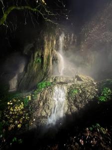 a waterfall in the middle of a forest at night at Hotel Vacanța in Geoagiu Băi