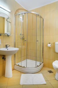 a bathroom with a shower and a sink at Hotel Vacanța in Geoagiu Băi +23 photos
