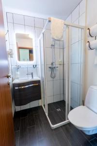 a bathroom with a shower and a sink and a toilet at Hotel Skógá by EJ Hotels in Skogar