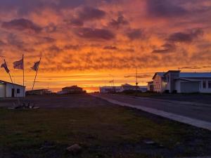 a sunset with flags in a field with a dirt road at Ingimarsstaðir in Þórshöfn