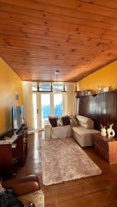 a living room with a couch and a tv at Recanto MJ in Campos do Jordão