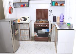a small kitchen with a stove and a sink at Karani Suites in Nyahururu